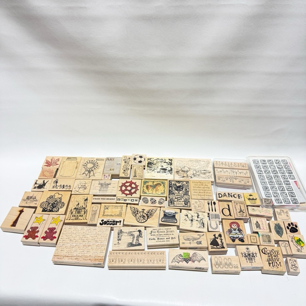 Vintage Wood Rubber Stamps Huge Lot New & Used 90+ Stamps Stampin Up Mixed Theme